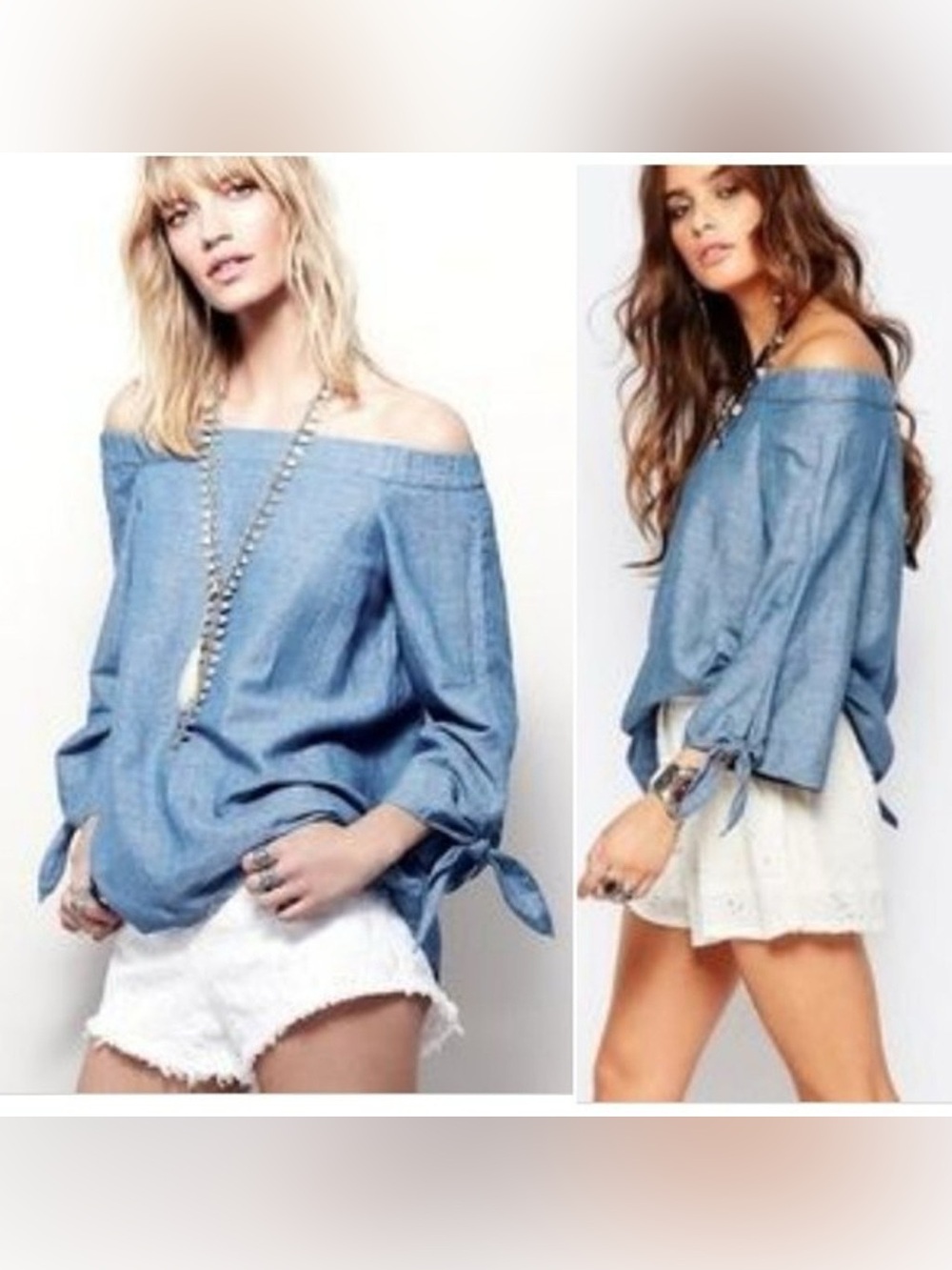 Free People Show Some Shoulder Chambray Top Size Large Cotton/Linen Blue